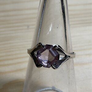 Silver Tone Banded Ring with Purple Center Stone